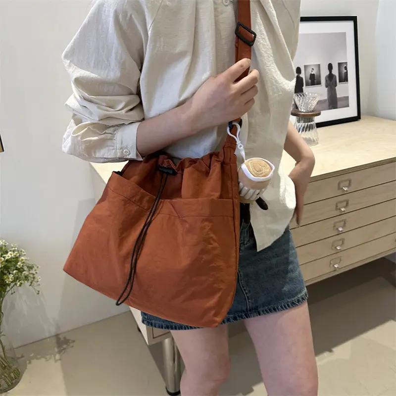 Women's Large Capacity Drawstring Bucket Bag Brown - Image 8