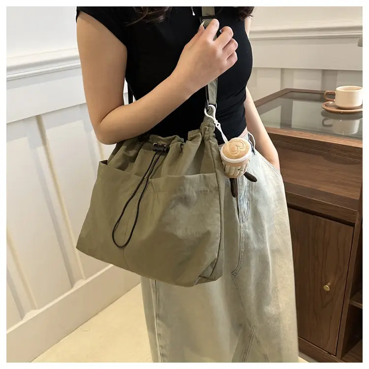 Women's Large Capacity Drawstring Bucket Bag Brown — feature 10