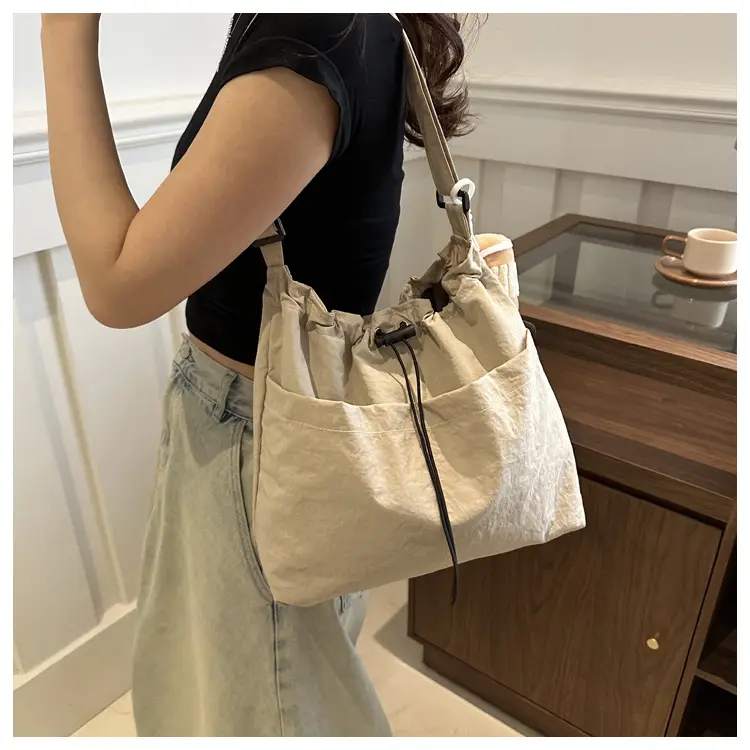 Women's Large Capacity Drawstring Bucket Bag Brown — feature 12