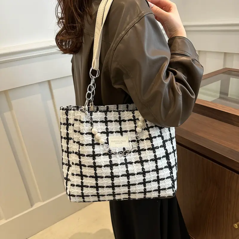 Women Checkered Plaid Handheld Tote Bag Black White - Image 6
