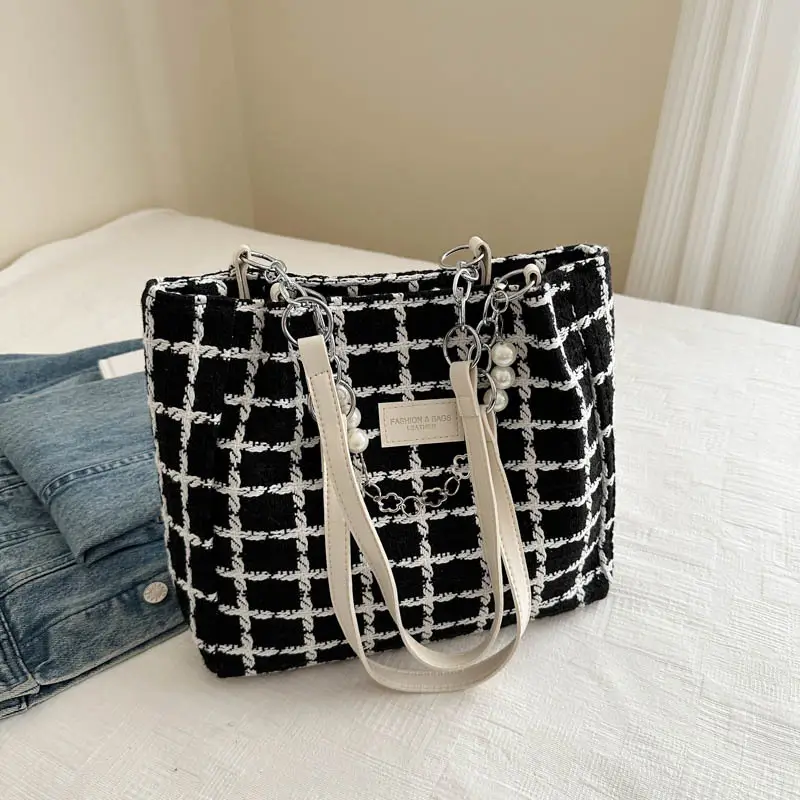 Women Checkered Plaid Handheld Tote Bag Black White - Image 7