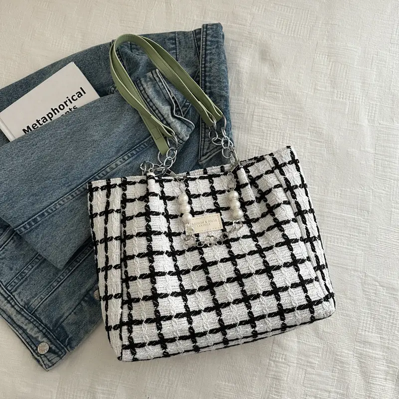 Women Checkered Plaid Handheld Tote Bag Black White - Image 8