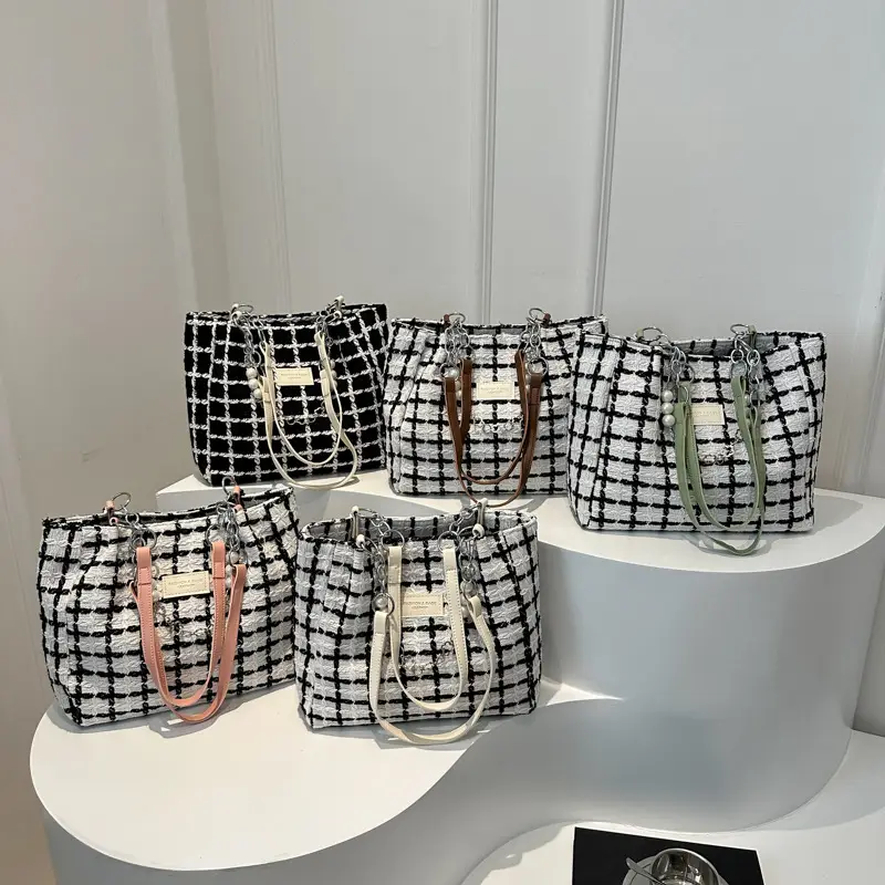 Women Checkered Plaid Handheld Tote Bag Black White - Image 9