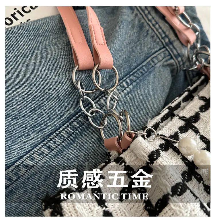Women Checkered Plaid Handheld Tote Bag Black White — feature 5