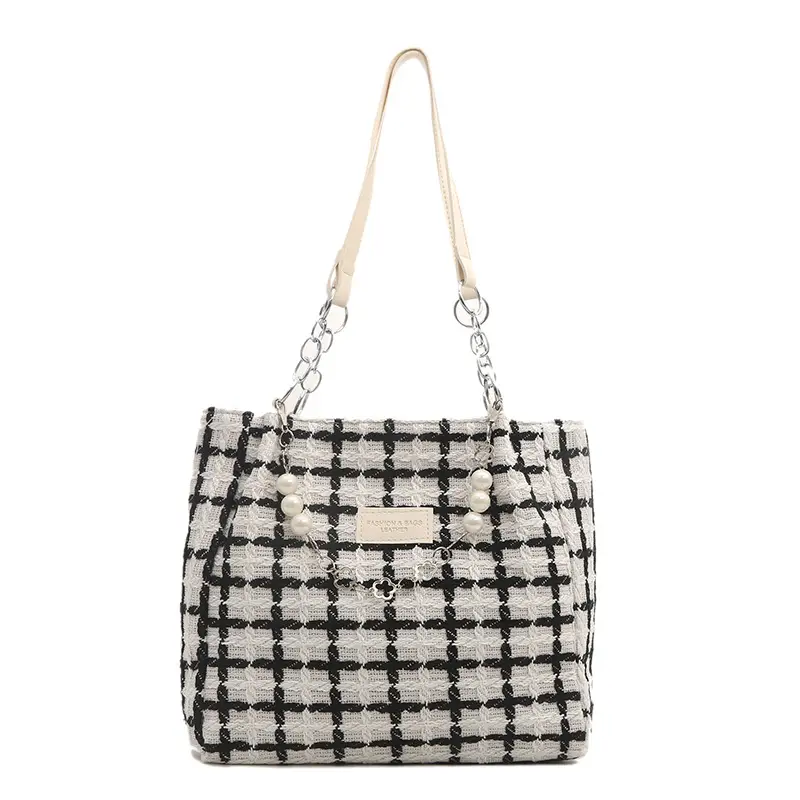 Women Checkered Plaid Handheld Tote Bag Black White - Image 2