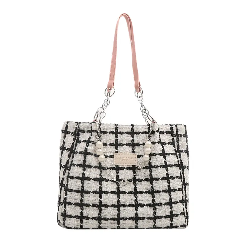 Women Checkered Plaid Handheld Tote Bag Black White - Image 3