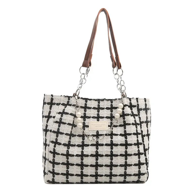 Women Checkered Plaid Handheld Tote Bag Black White - Image 4