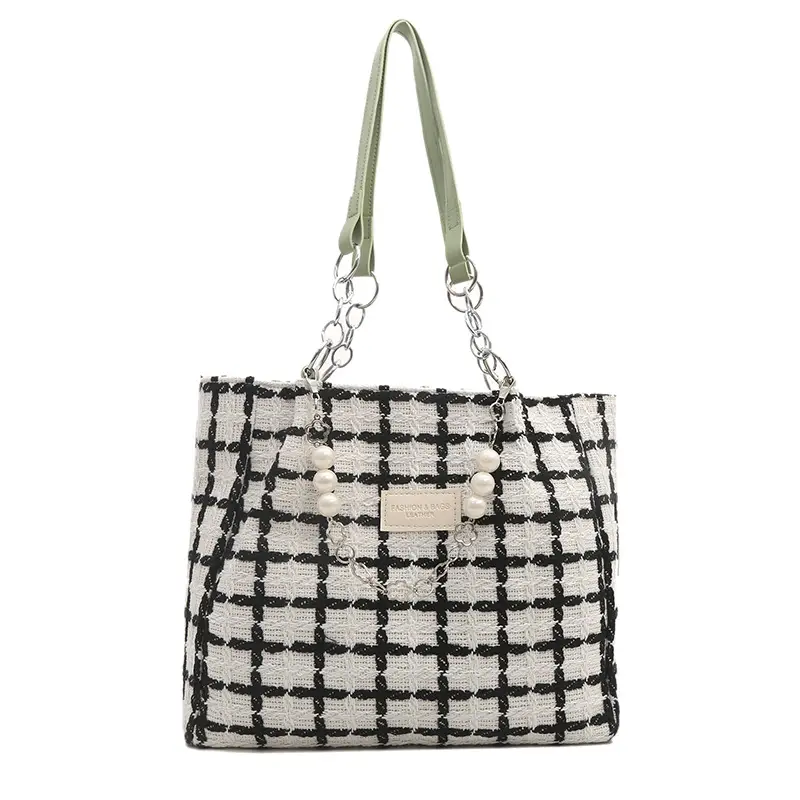 Women Checkered Plaid Handheld Tote Bag Black White - Image 5
