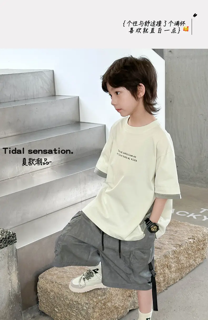 Boys Cotton Short Sleeve Summer T-Shirt White Grey — feature 1
