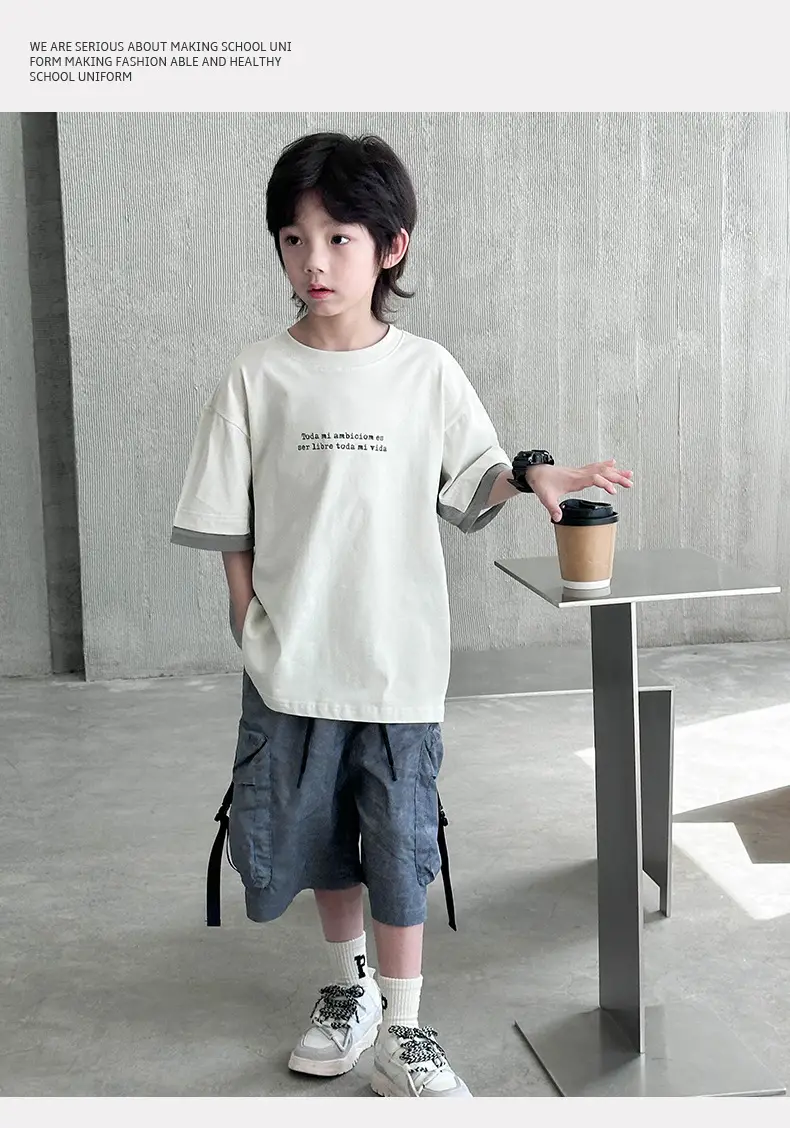 Boys Cotton Short Sleeve Summer T-Shirt White Grey — feature 10