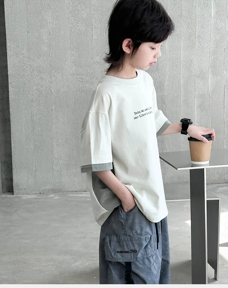 Boys Cotton Short Sleeve Summer T-Shirt White Grey — feature 11