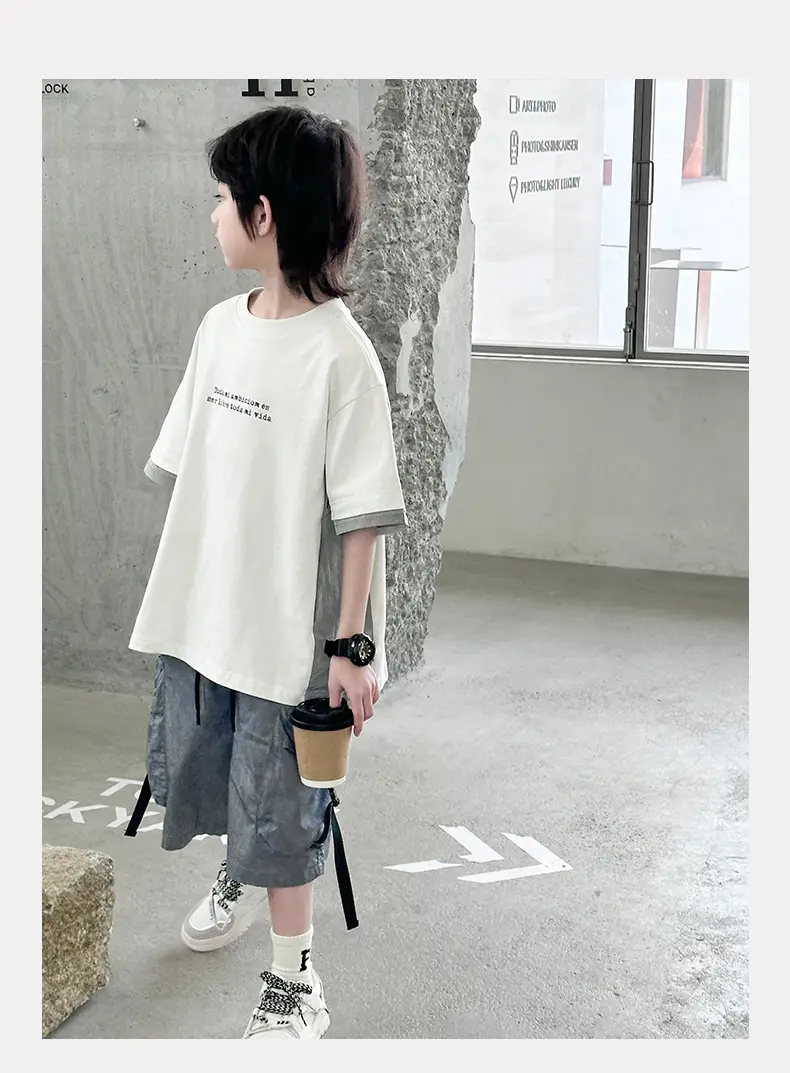Boys Cotton Short Sleeve Summer T-Shirt White Grey — feature 13