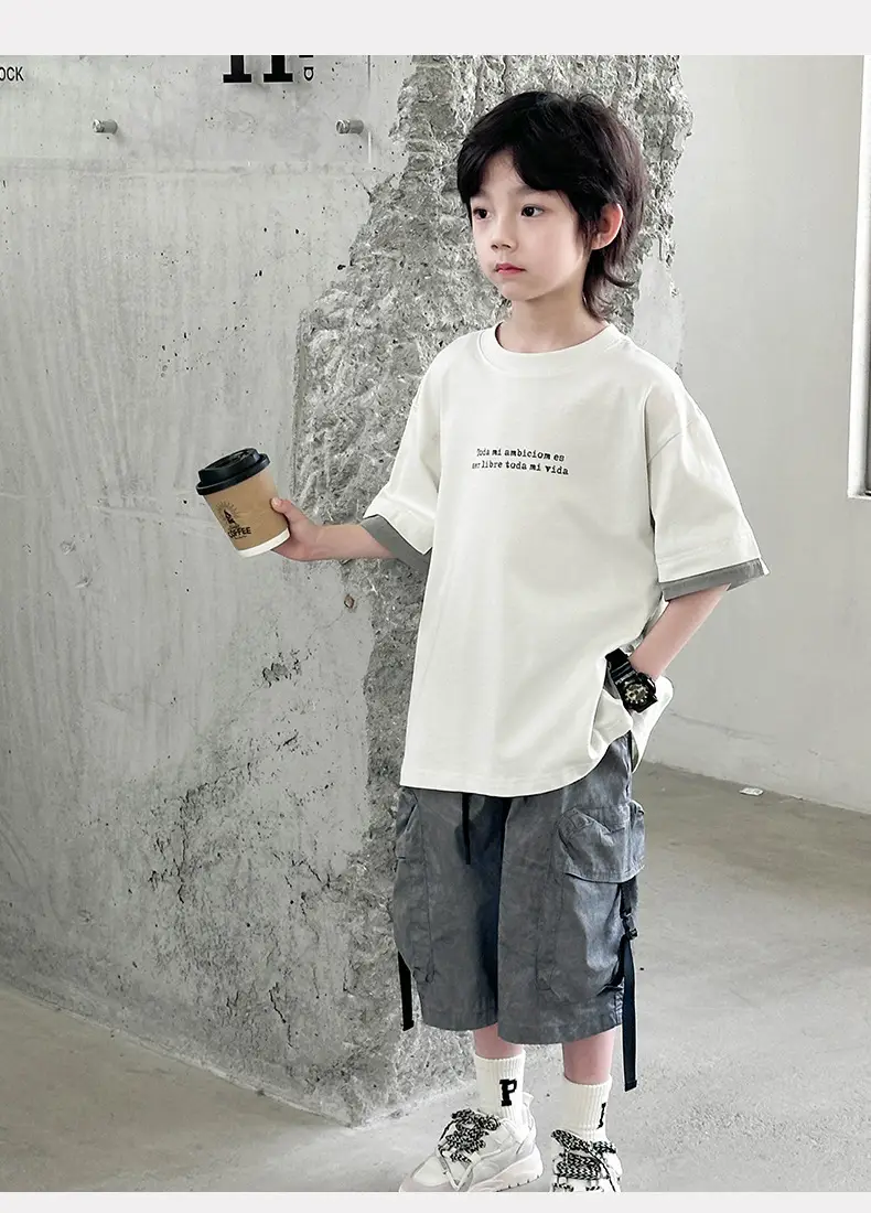 Boys Cotton Short Sleeve Summer T-Shirt White Grey — feature 14