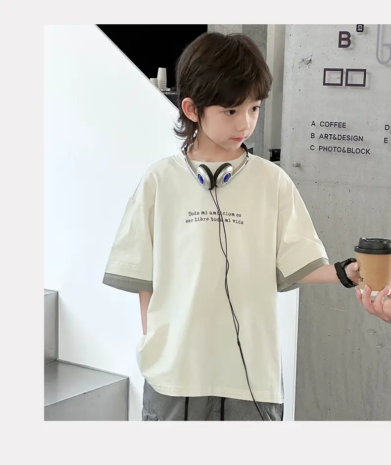 Boys Cotton Short Sleeve Summer T-Shirt White Grey — feature 17