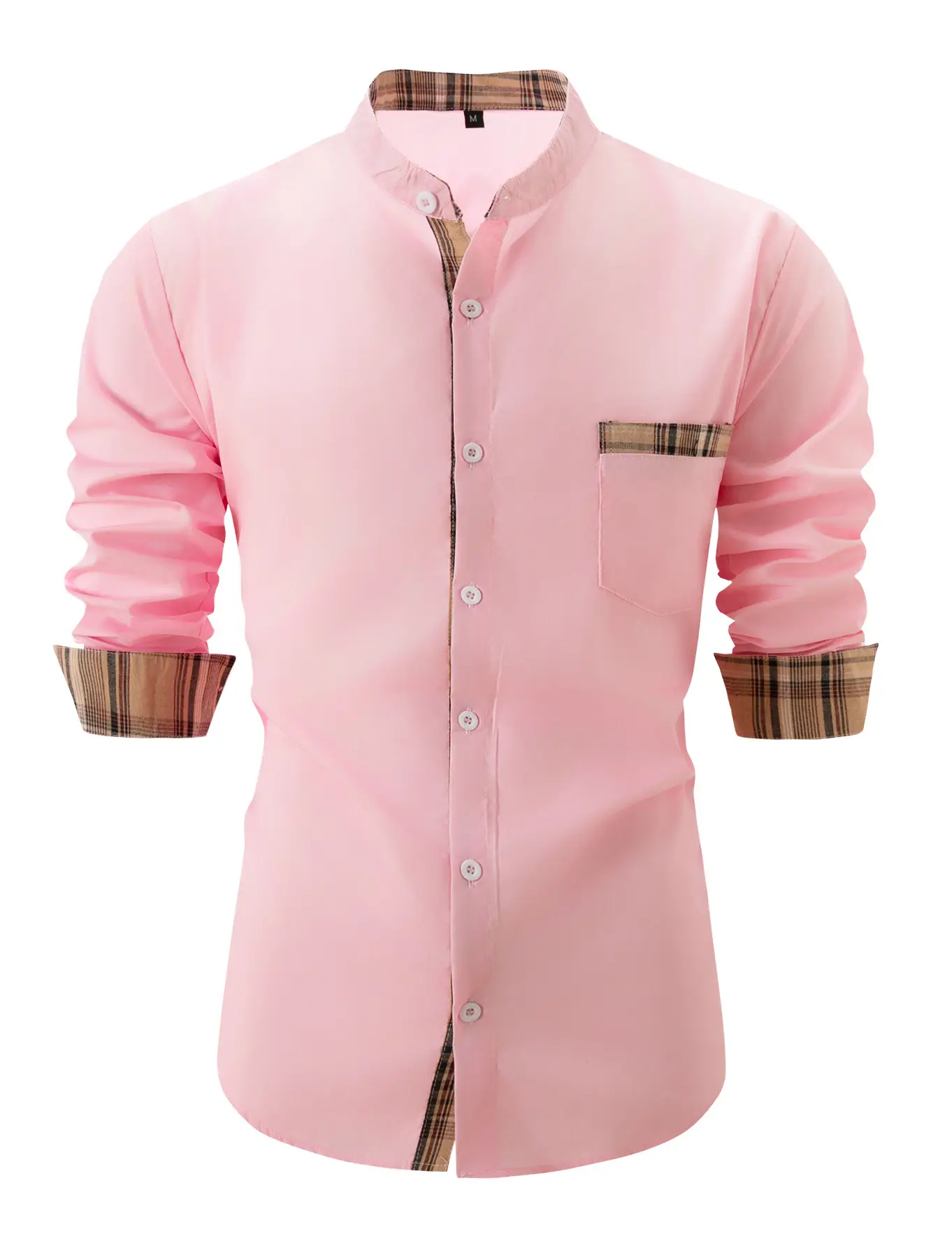 Men's Blue Cotton Linen Button Shirt with Plaid Sleeves
