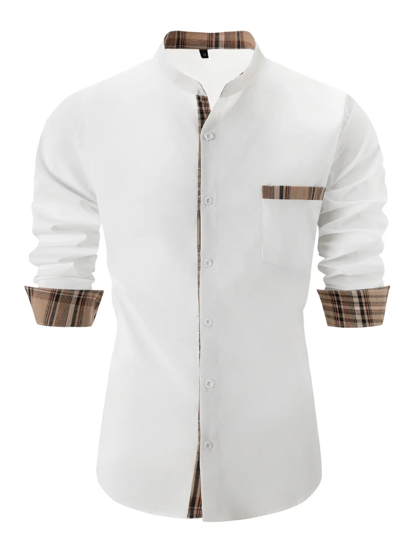 Men's Blue Cotton Linen Button Shirt with Plaid Sleeves — feature 3