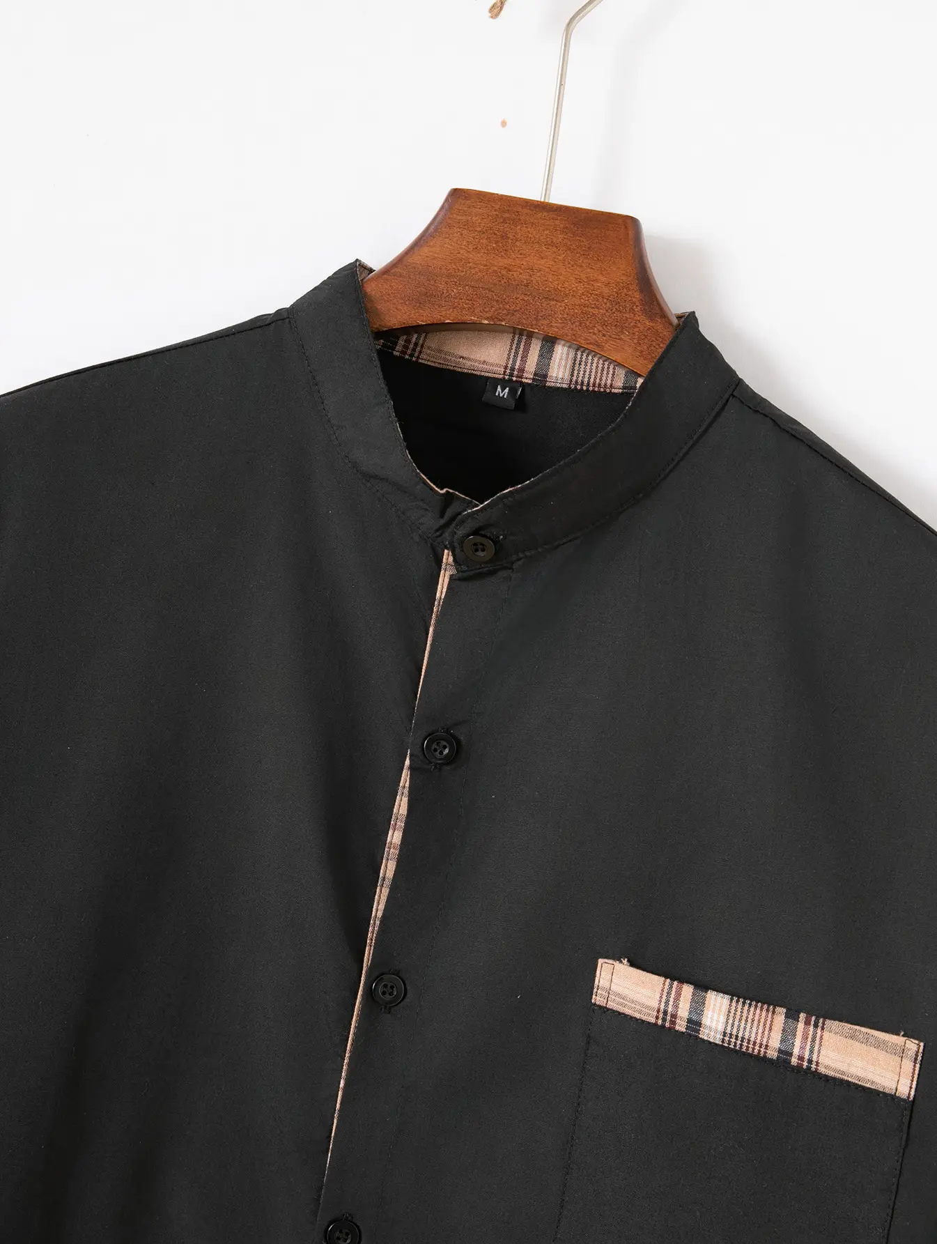 Men's Blue Cotton Linen Button Shirt with Plaid Sleeves — feature 6