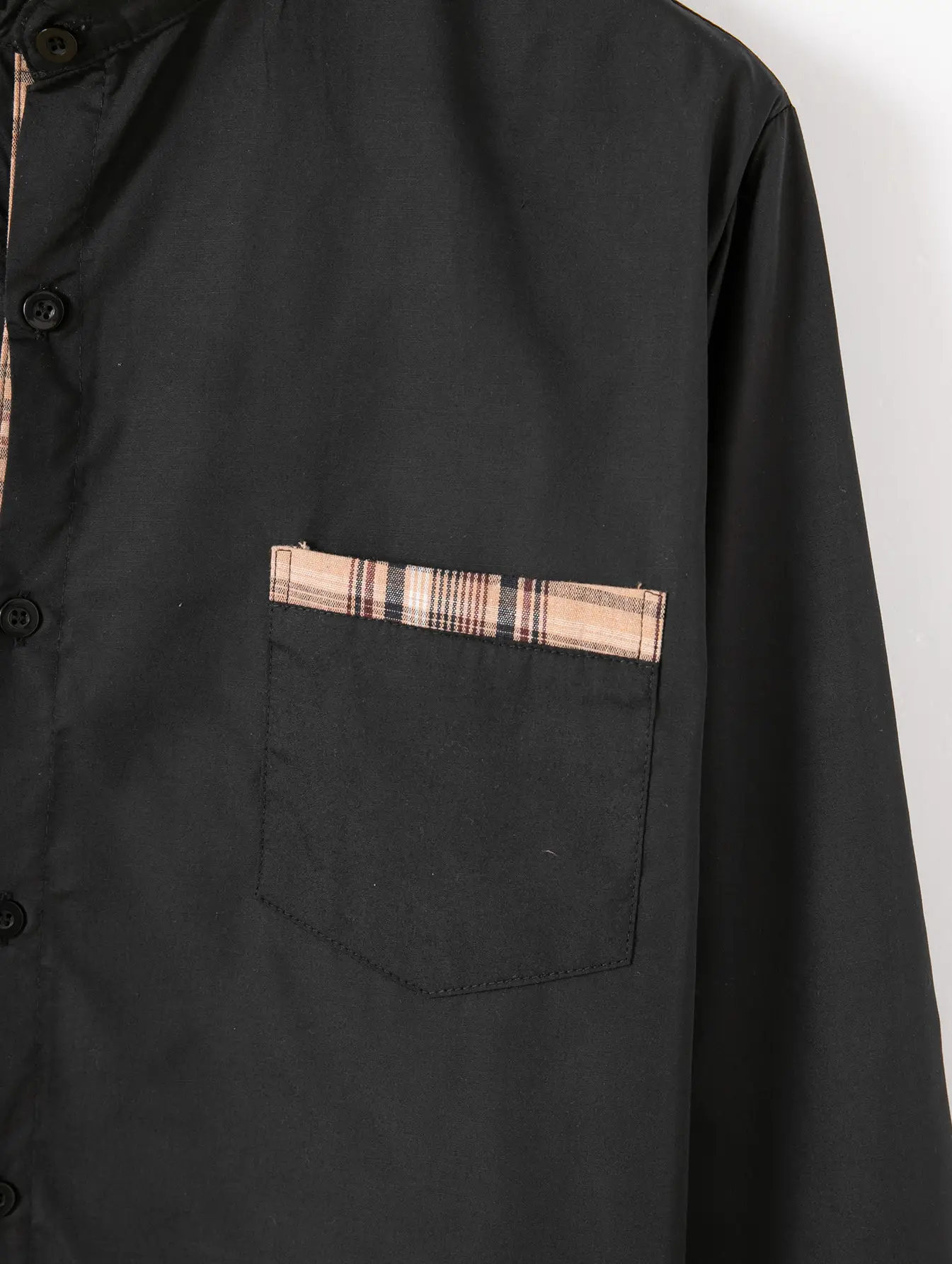 Men's Blue Cotton Linen Button Shirt with Plaid Sleeves — feature 7