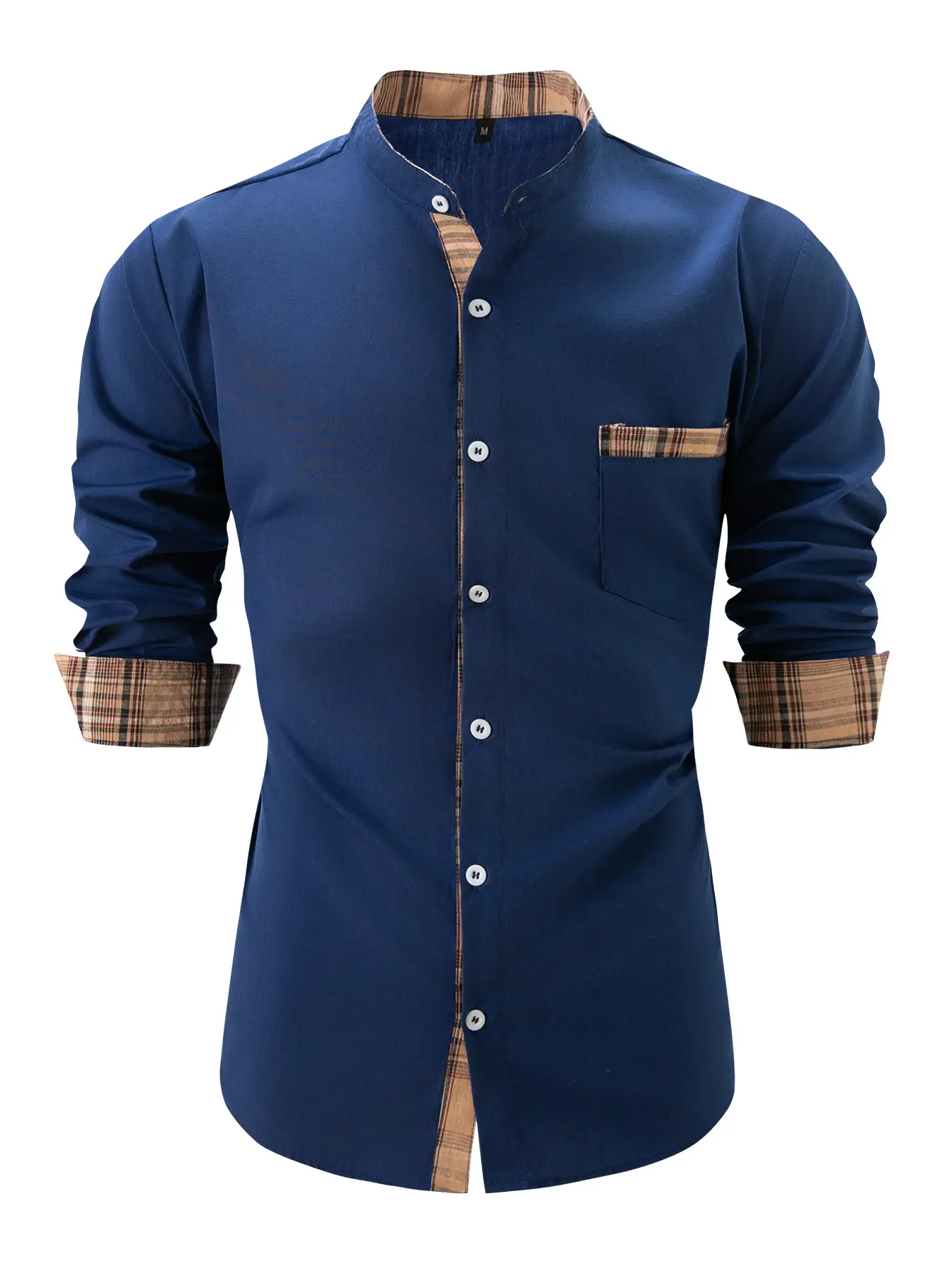 Men's Blue Cotton Linen Button Shirt with Plaid Sleeves