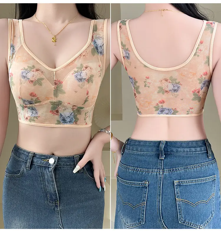 Vintage Floral One-Piece Chest Pad Non-Breasted Ice Silk — feature 21