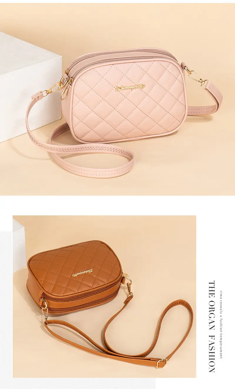 Pink Diamond Embroidered Crossbody Bag with Double Zip — feature 10