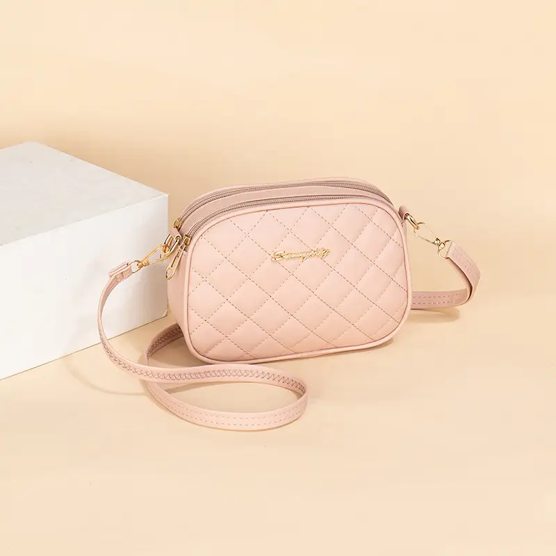 Pink Diamond Embroidered Crossbody Bag with Double Zip