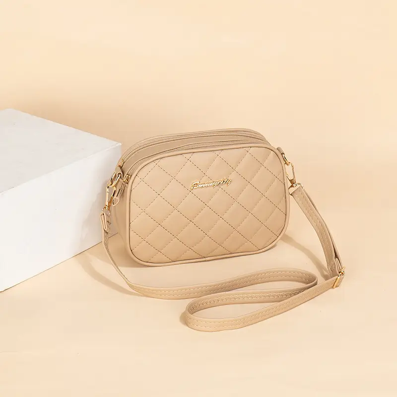 Pink Diamond Embroidered Crossbody Bag with Double Zip
