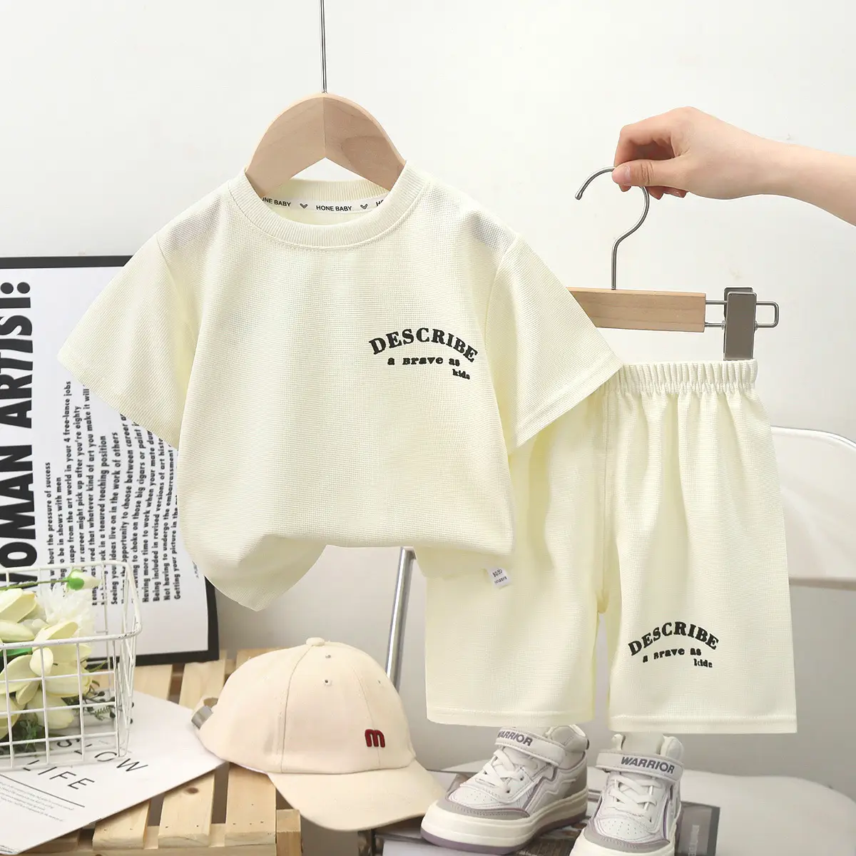 Kids Korean Style Short Sleeve T-Shirt Suit Cream - Image 9