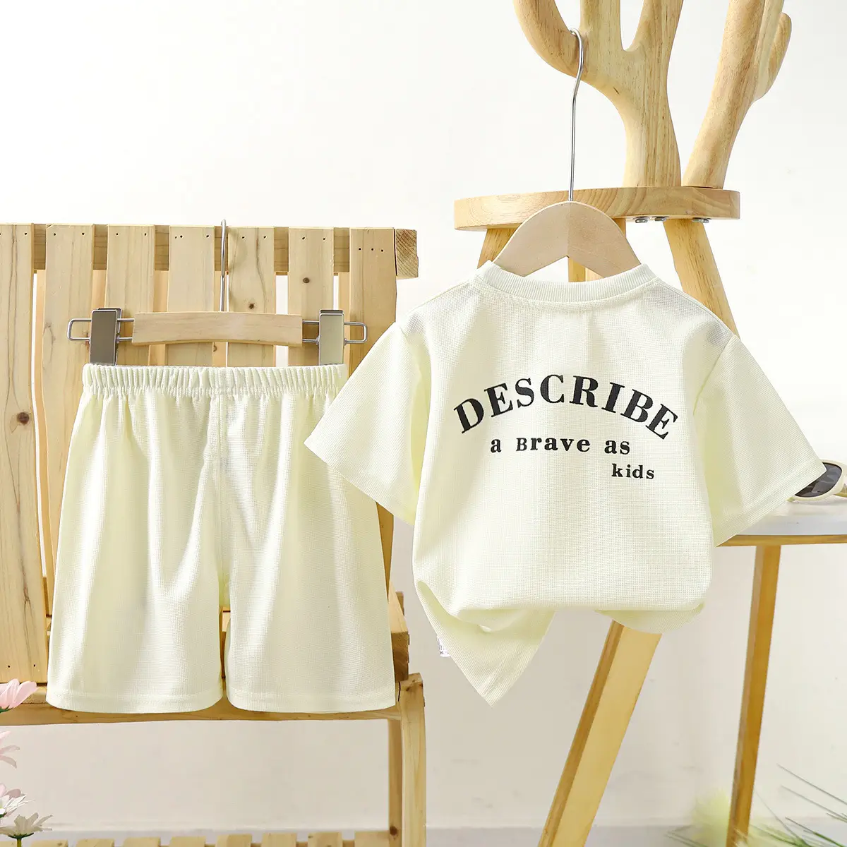 Kids Korean Style Short Sleeve T-Shirt Suit Cream - Image 4