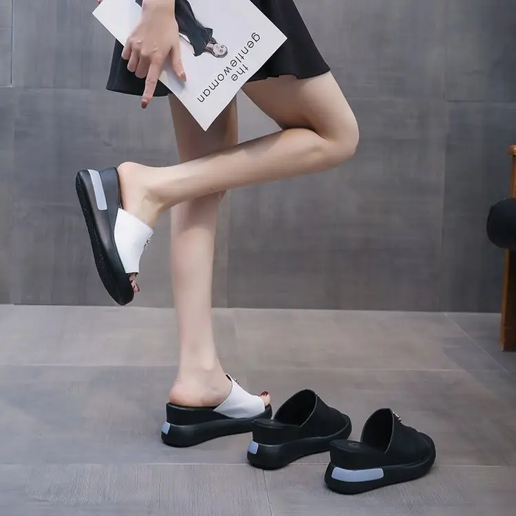 Leather Slippers Women's Outer Wear Fashion 2024 Summer New High Heel Sandals Women's Thick Bottom Wedge Slides