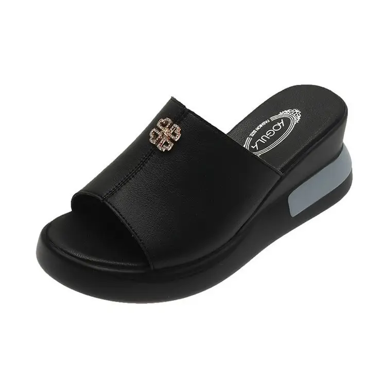 Leather Slippers Women's Outer Wear Fashion 2024 Summer New High Heel Sandals Women's Thick Bottom Wedge Slides