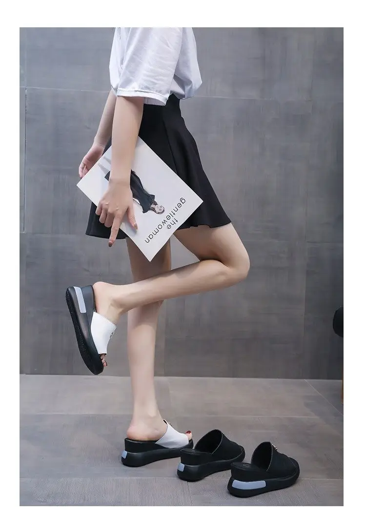 Leather Slippers Women's Outer Wear Fashion 2024 Summer New High Heel Sandals Women's Thick Bottom Wedge Slides — feature 1