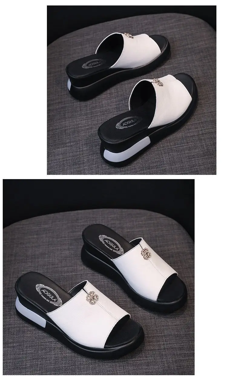 Leather Slippers Women's Outer Wear Fashion 2024 Summer New High Heel Sandals Women's Thick Bottom Wedge Slides — feature 12
