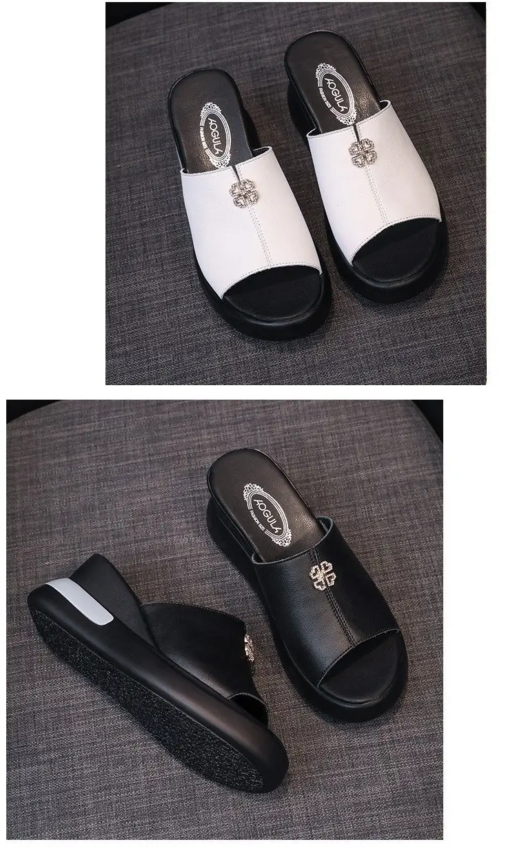 Leather Slippers Women's Outer Wear Fashion 2024 Summer New High Heel Sandals Women's Thick Bottom Wedge Slides — feature 13