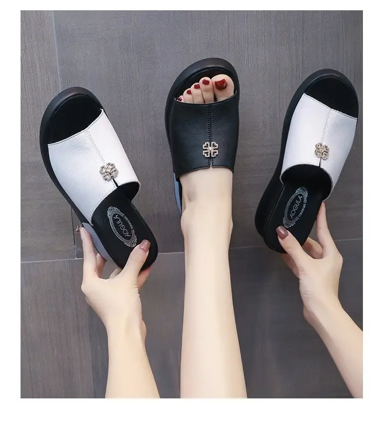 Leather Slippers Women's Outer Wear Fashion 2024 Summer New High Heel Sandals Women's Thick Bottom Wedge Slides — feature 2
