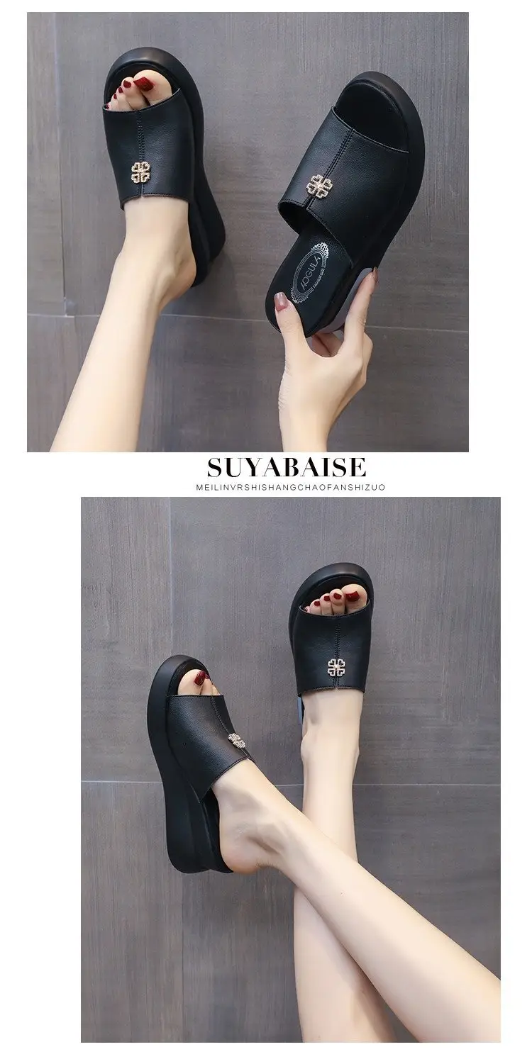Leather Slippers Women's Outer Wear Fashion 2024 Summer New High Heel Sandals Women's Thick Bottom Wedge Slides — feature 5