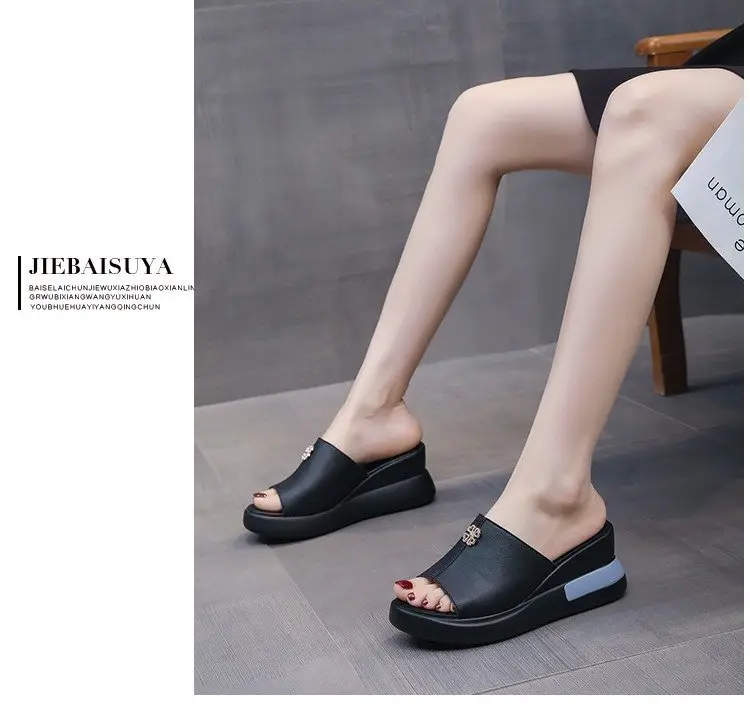 Leather Slippers Women's Outer Wear Fashion 2024 Summer New High Heel Sandals Women's Thick Bottom Wedge Slides — feature 7