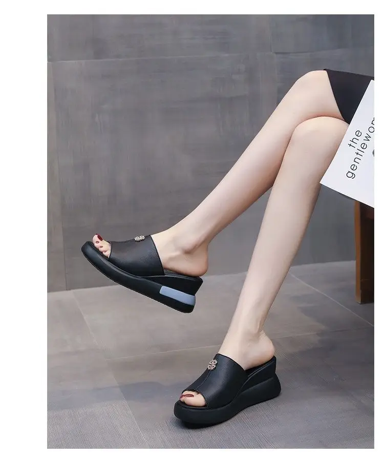 Leather Slippers Women's Outer Wear Fashion 2024 Summer New High Heel Sandals Women's Thick Bottom Wedge Slides — feature 8