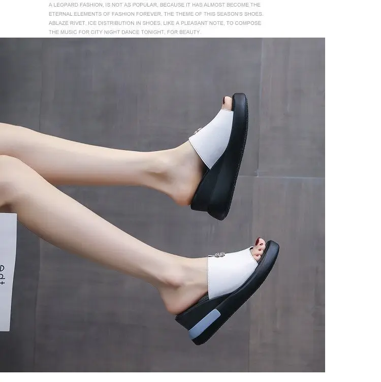 Leather Slippers Women's Outer Wear Fashion 2024 Summer New High Heel Sandals Women's Thick Bottom Wedge Slides — feature 9