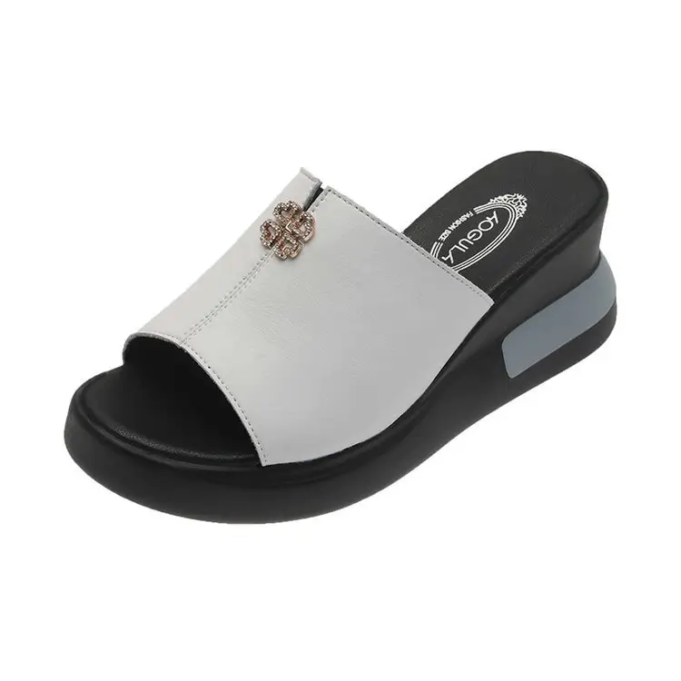 Leather Slippers Women's Outer Wear Fashion 2024 Summer New High Heel Sandals Women's Thick Bottom Wedge Slides