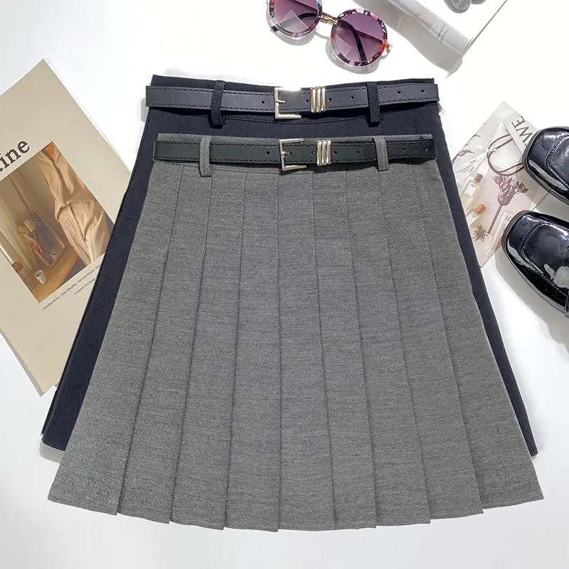 Gray Pleated Skirt with Belt for Women — feature 1