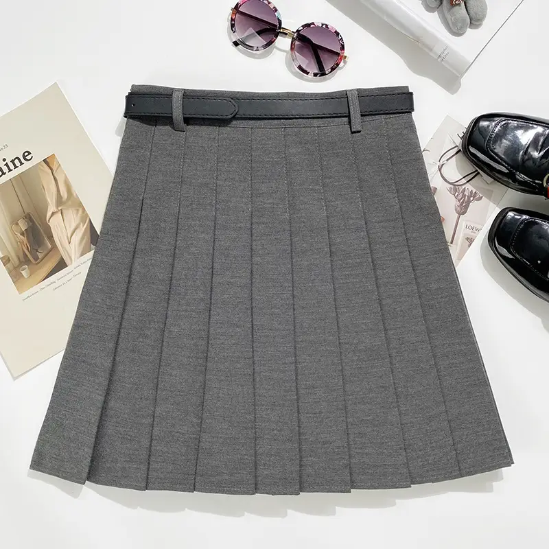 Gray Pleated Skirt with Belt for Women — feature 10