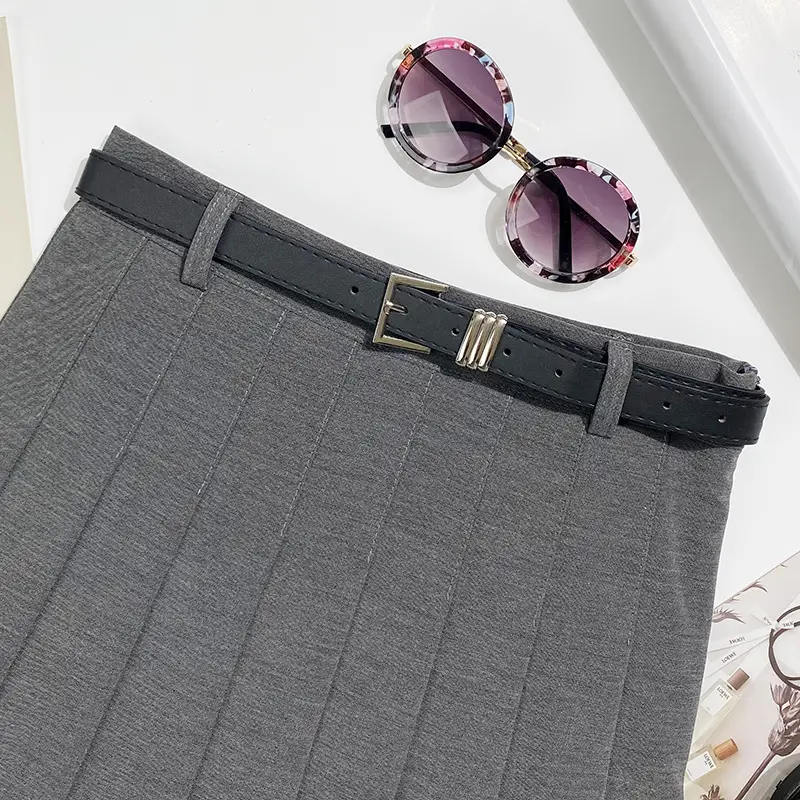 Gray Pleated Skirt with Belt for Women — feature 5