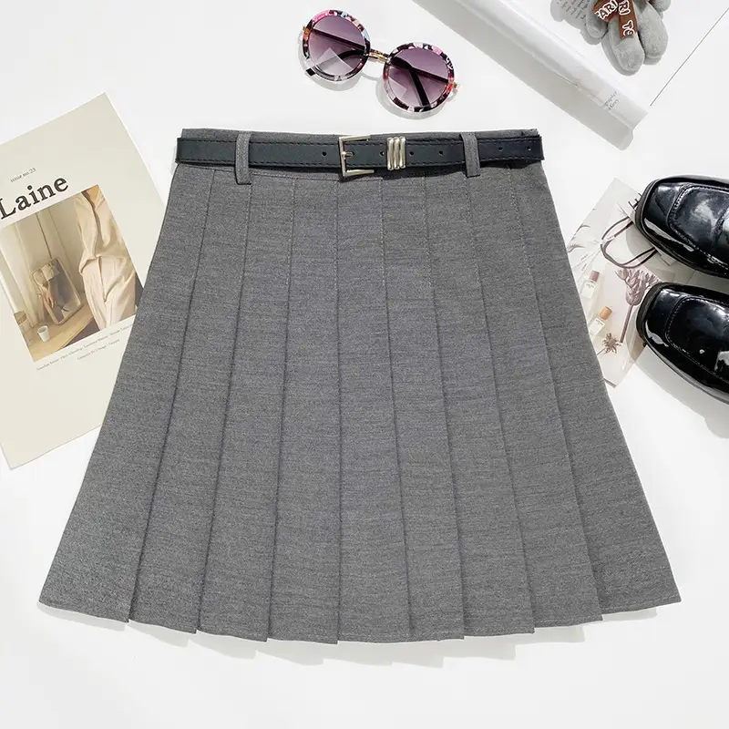 Gray Pleated Skirt with Belt for Women — feature 9