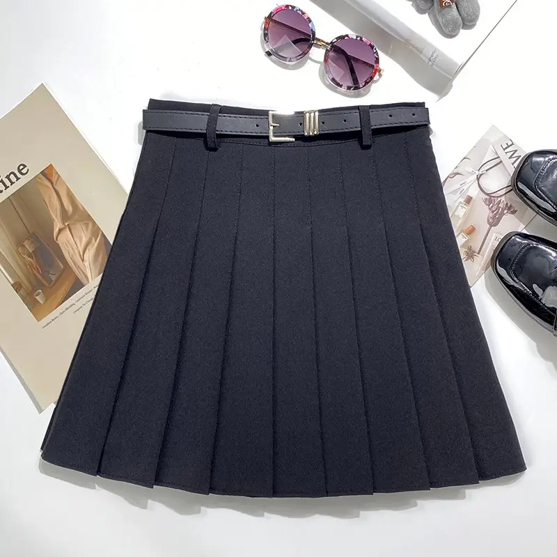 Gray Pleated Skirt with Belt for Women - Image 2