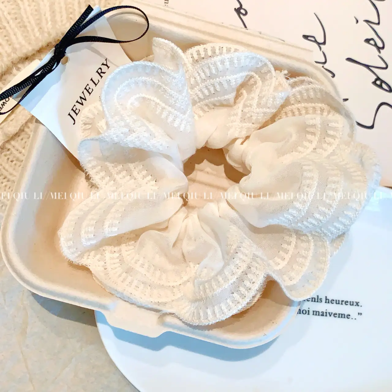 White Double Layer Hair Ring with High Elastic Ponytail