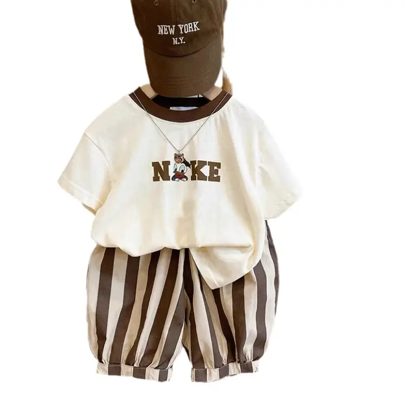 2025 Boys Korean Style T-Shirt Top Striped Cropped Pants Set - Image 7