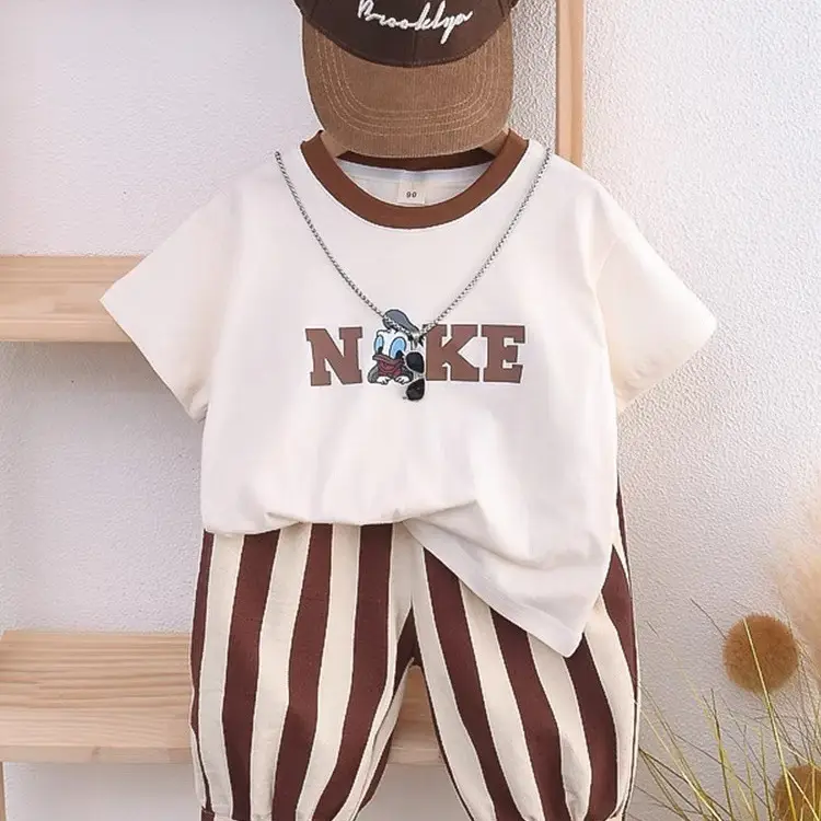 2025 Boys Korean Style T-Shirt Top Striped Cropped Pants Set — feature 2