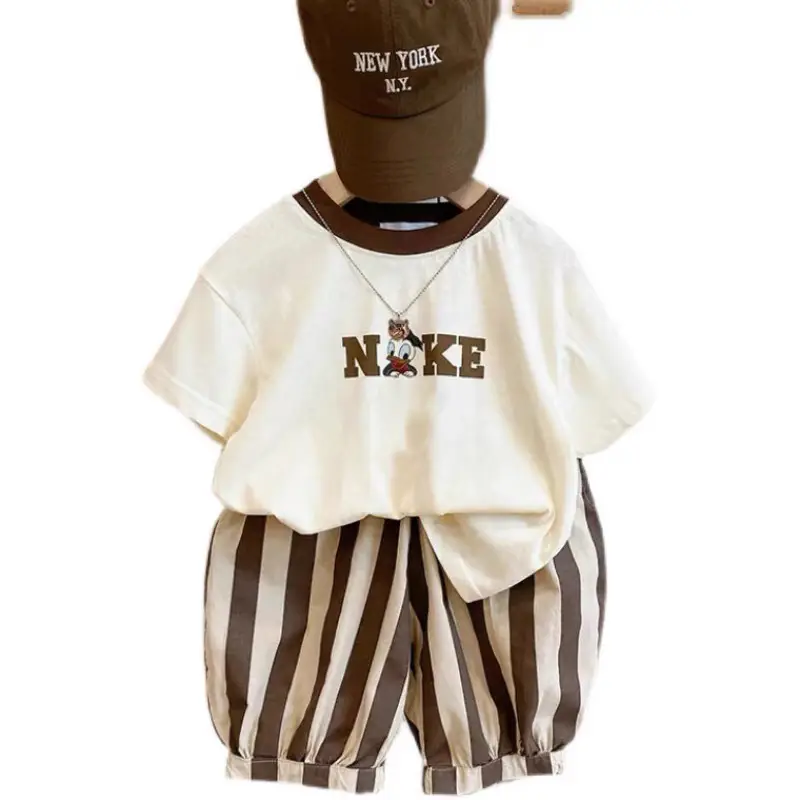 2025 Boys Korean Style T-Shirt Top Striped Cropped Pants Set — feature 8
