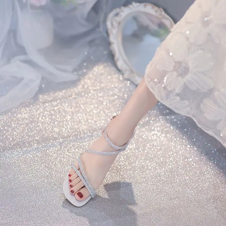 Fashion Sandals Fairy Mid-Heel 2024 New All-Match Thick Heel Rhinestone Wrap Roman Elegant High Heels - Image 4